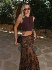 LIZAKOSHT  -  Fashion Print Long Skirt Women High Waist Ankle-length Loose Swing Skirt 2025 Summer Fashion Female Vacation Streewear Outerwear