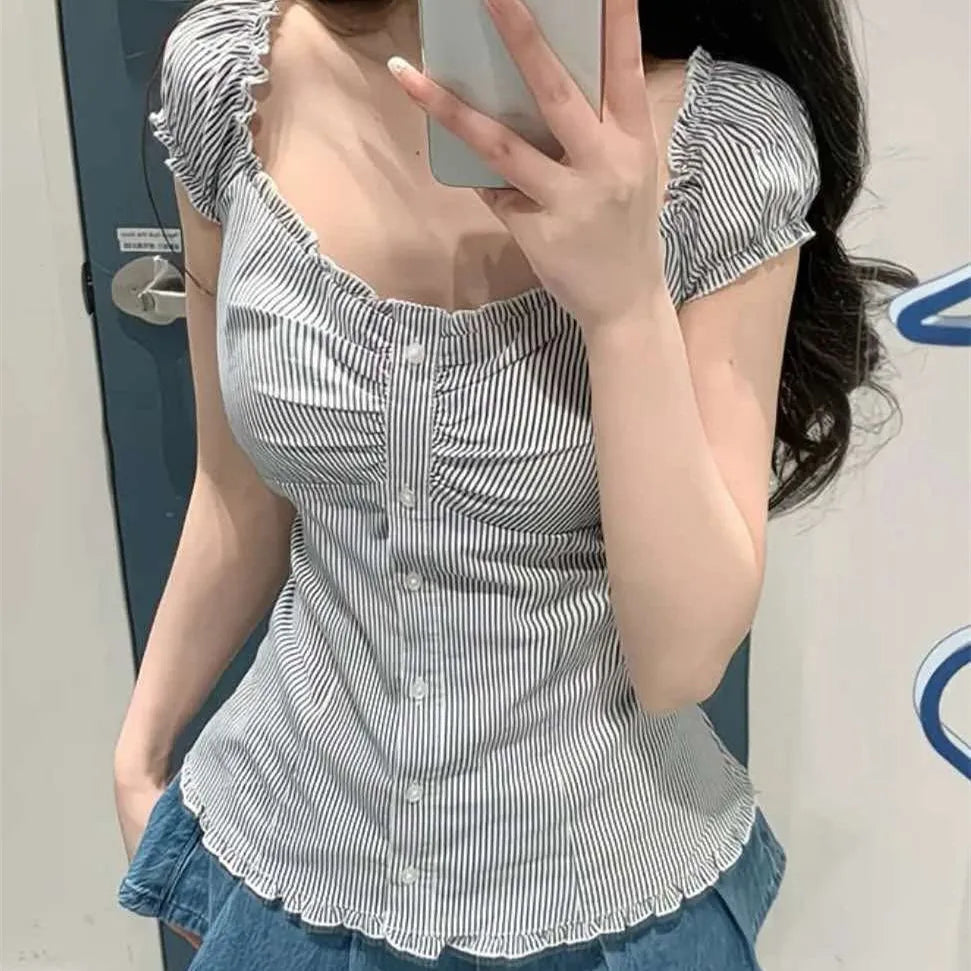 LIZAKOSHT  -  Women Y2k Fairy Coquette Shirt Cute Puff Short Sleeve Button Down Frill Trim Smocked Tops Aesthetic Grunge Streetwear