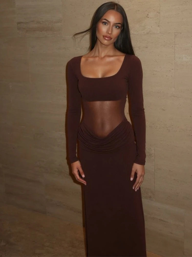 LIZAKOSHT  -  2025 Autumn Mesh Patchwork Ruched Long Dress Women's Elegant Long Sleeve Slim Evening Dresses Party Prom Gown Streetwear