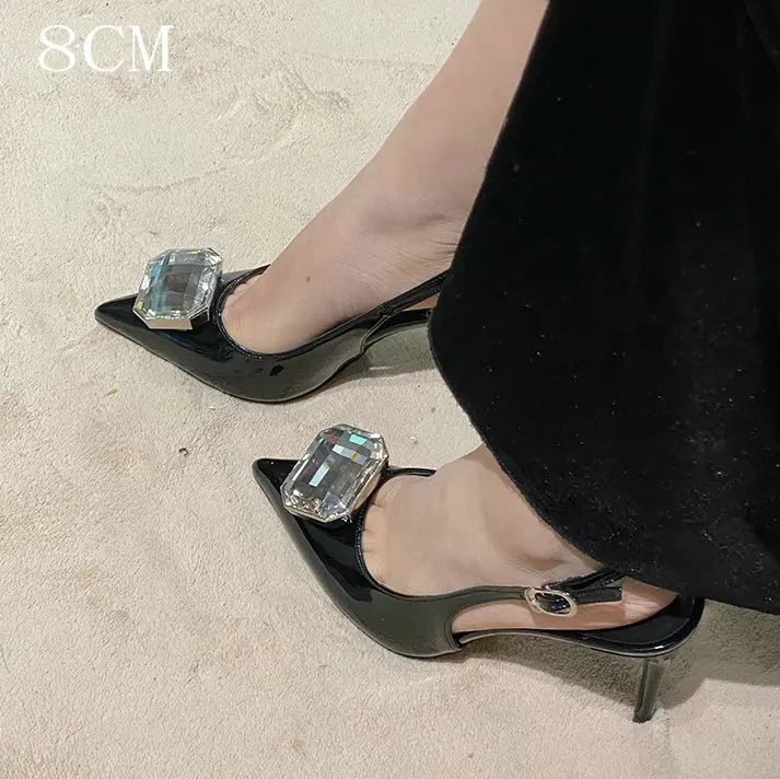 LIZAKOSHT  -  Summer New High-Heeled Shoes Pointy Square Buckle Crystal Shallow Mouth Thin Heels Elegant Sandals For Woman