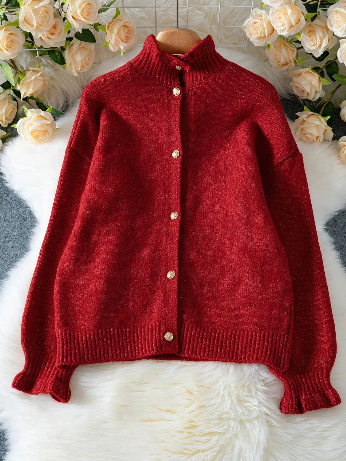LIZAKOSHT  -  Chic Thick Red Knitted Cardigan Women Lapel Single-Breasted Loose Female Coat 2025 Casual Autumn Winter Ladies Solid Sweater