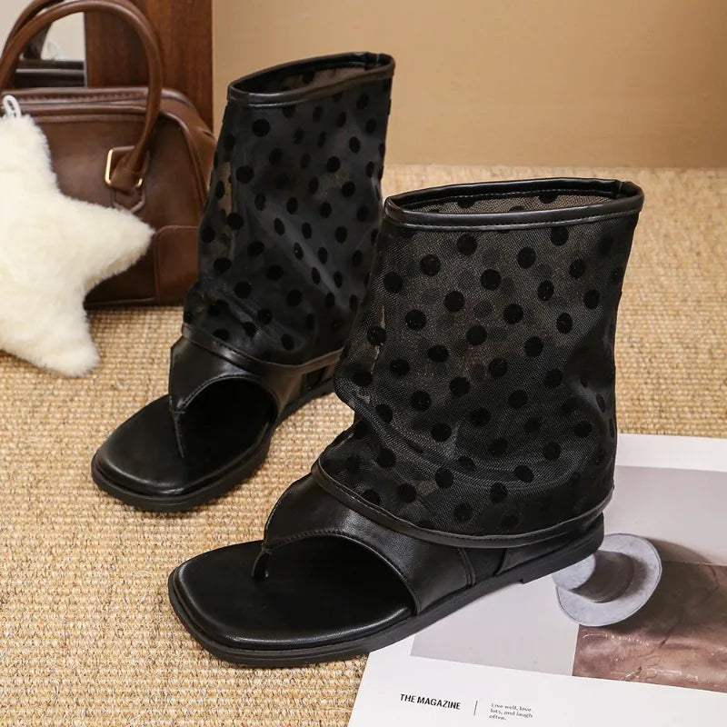 LIZAKOSHT  -  Vintage Spring Polka Dot Clip Toe Ankle Boots Women Flats Heels Shoes Street Style Dress Lightweight Gladiator Boots for Summer