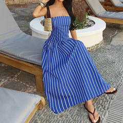 LIZAKOSHT  -  Women's Casual Pocket Summer Vacation Dress Sexy Strapless Sleeveless Waist Long Dress Striped Print Draped Pocket Elegant Dress