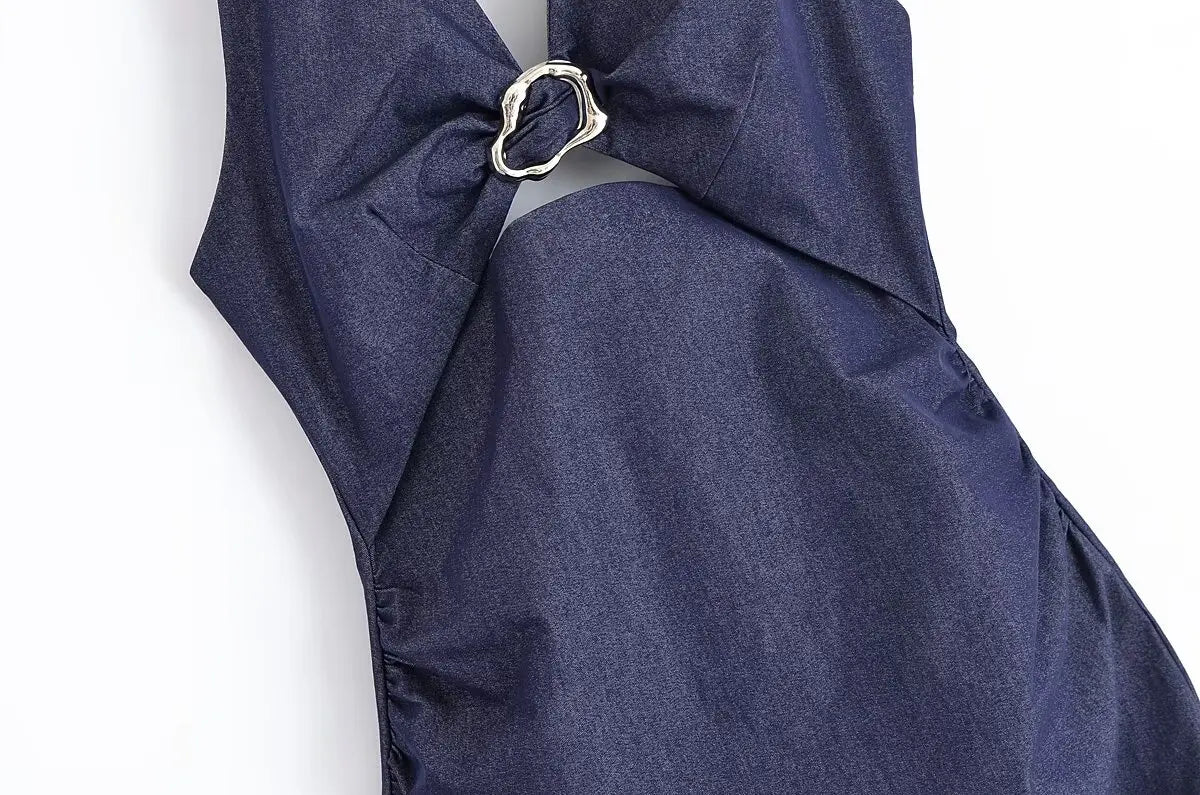 LIZAKOSHT  -  Denim Dress Summer 2025 New Fashion Slim V-neck Hanging Neck Elegant Long Dress Women Street Holiday Chic Youth Party Dress