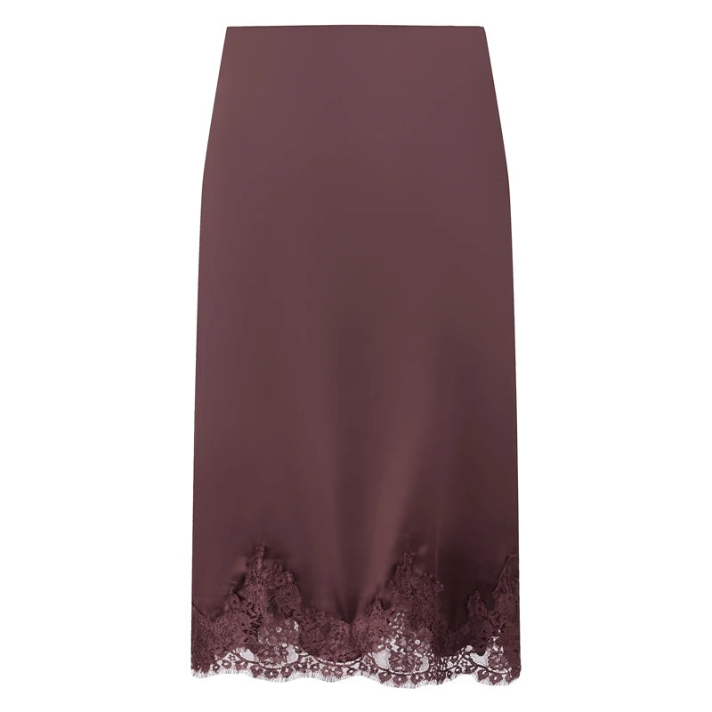 LIZAKOSHT  -  Women Satin Lace Trim Maxi Skirt Silk Lace Patchwork Silk High Waist Midi Skirt Lady Flowy Work Half Slip Long Skirt