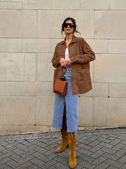 LIZAKOSHT  -  Solid Women Suede Coats Turn-down Collar Single Breasted Pocket Loose Female Jackets 2024 Autumn Winter New Fashion Lady Coats