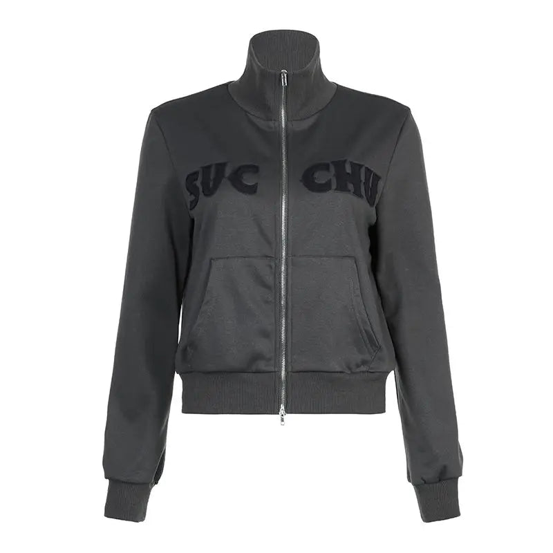 LIZAKOSHT  -  Stand Collar Jacket High Quality Letter Printed Zipper American Retro Women'S Slim Fit Versatile Casual Sweatshirt
