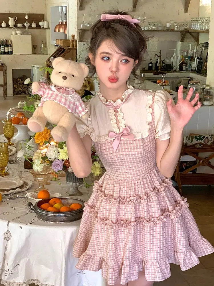 LIZAKOSHT  -  Japan Vintage Plaid Dress Women Casual Short Sleeve Slim Party Y2k Mini Dress Women Kawaii Clothing One Piece Dress Korean Summe