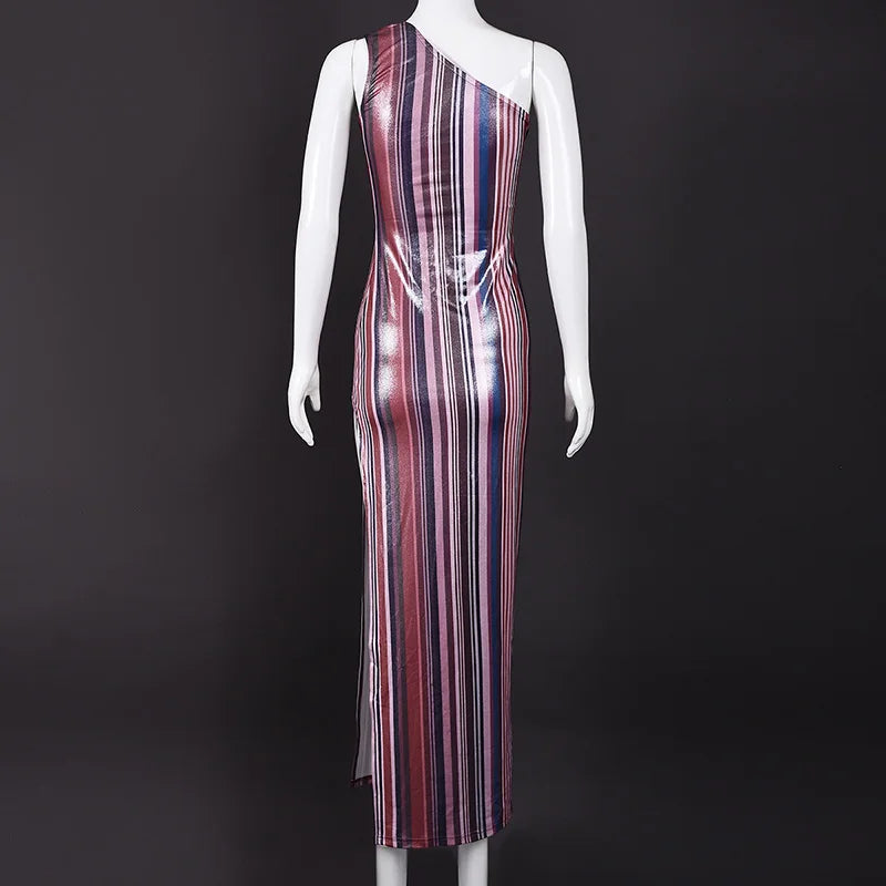 LIZAKOSHT  -  Elegant Slant Neck Irregular Wrap Hip Dress Women Fashion Striped Stamped Slim Fit Long Dress Sexy Split Sleeveless Party Dress