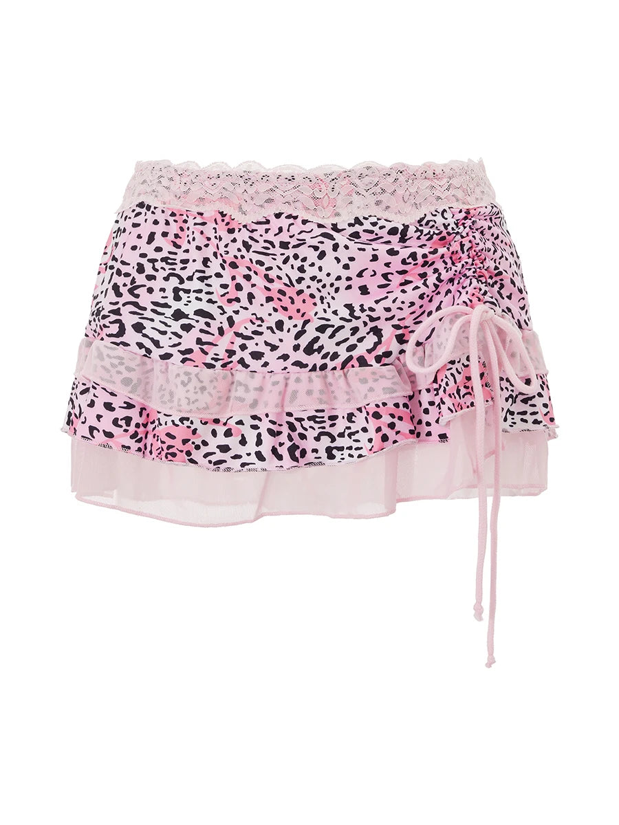 LIZAKOSHT  -  00s Vintage Aesthetic Mini Skirt Coquette Women Fairy Lace Trim Low Rise Short Skirt Y2k Leopard Print Tiered Miro Pencil Skirt