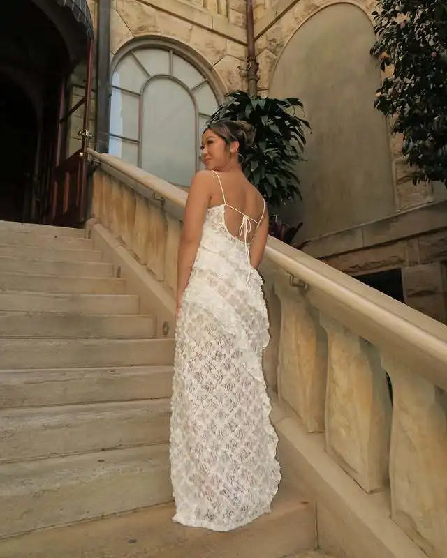 LIZAKOSHT  -  Design Sense Women's Popular Suspender Ruffle Dress, Backless Lace Sexy Hip Long Skirt