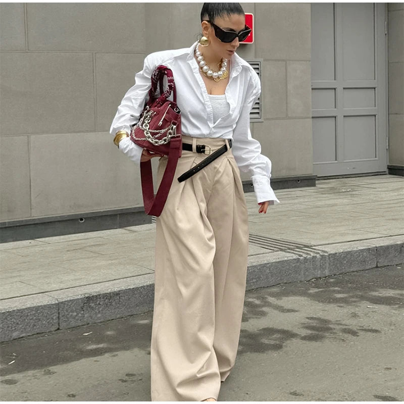LIZAKOSHT  -  Casual Khaki Pleated Wide Legs Pants Women Chic High Waist Baggy Trousers Female 2025 Spring Summer New Fashion Office Pant