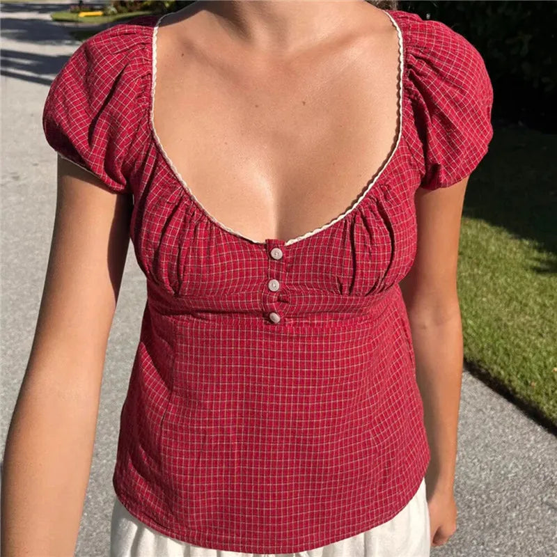 LIZAKOSHT  -  Womens Y2k Short Sleeve Crop Tops Lace Trim Vintage Fairy Grunge Plaid Print T-Shirt Aesthetic Harajuku 2000s Streetwear