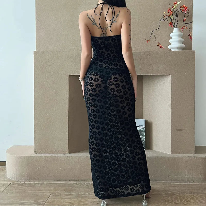 LIZAKOSHT  -  y2k Dress Women Summer Floral Print Hollow Out Spaghetti Strap Sleeveless Halter Neck Bodycon Dresses Party Dresses