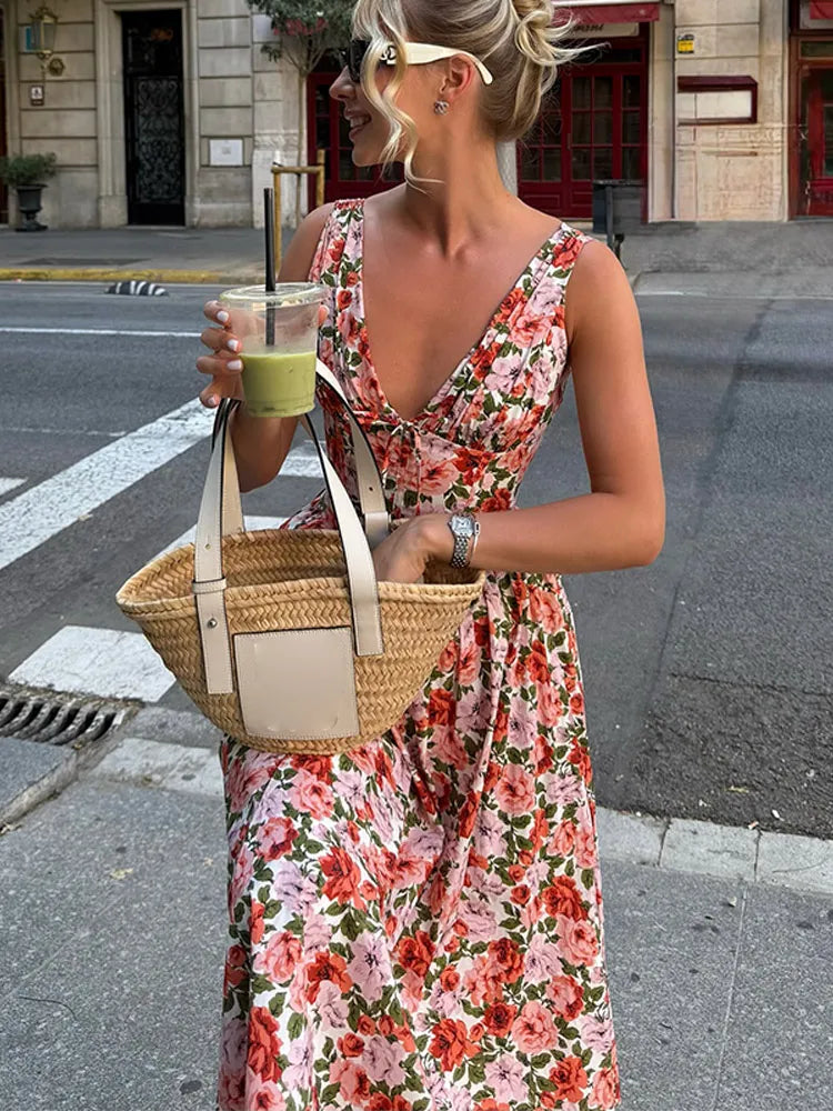 LIZAKOSHT  -  Fashion Print Tube Midi Dress For Women Deep V-neck Sleeveless Draped Lace Up Robes 2025 Summer Elegant Female Parties Dresses