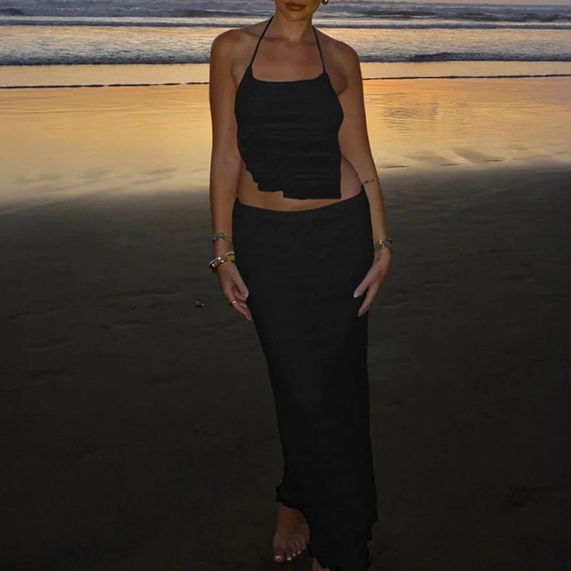 LIZAKOSHT  -  Ladies Sexy Backless Halter Blouse&Drawstring Skirts Set 2025 Solid Color Two Piece Chiffon Outfit 2025 Women Slim Vacation Suit