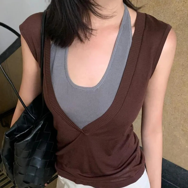 LIZAKOSHT  -  Tank Tops Women Patchwork Bandage Fake Two Piece Halter Slim Stretch Y2k Top Summer Fashion Sexy Camis Ladies Club