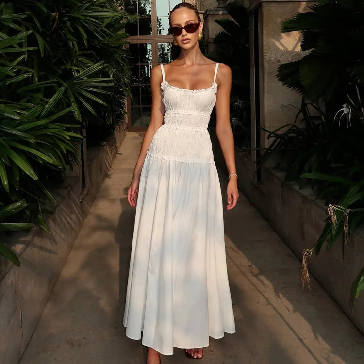 LIZAKOSHT  -  Sexy Slash Neck Folds Camisole Long Dress Women's Sleeveless Slim Backless High-Waist Fashion New Women Bodycon Maxi Dress