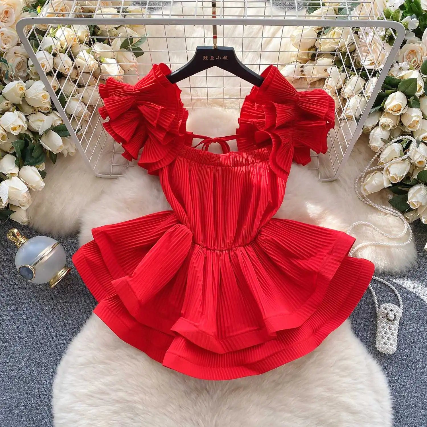 LIZAKOSHT  -  European Goods Small Shirt Explosion Heavy Pressed Ruffled Edge Halter Chiffon Shirt Slim Short Ruffled Swing Top Woman Tops
