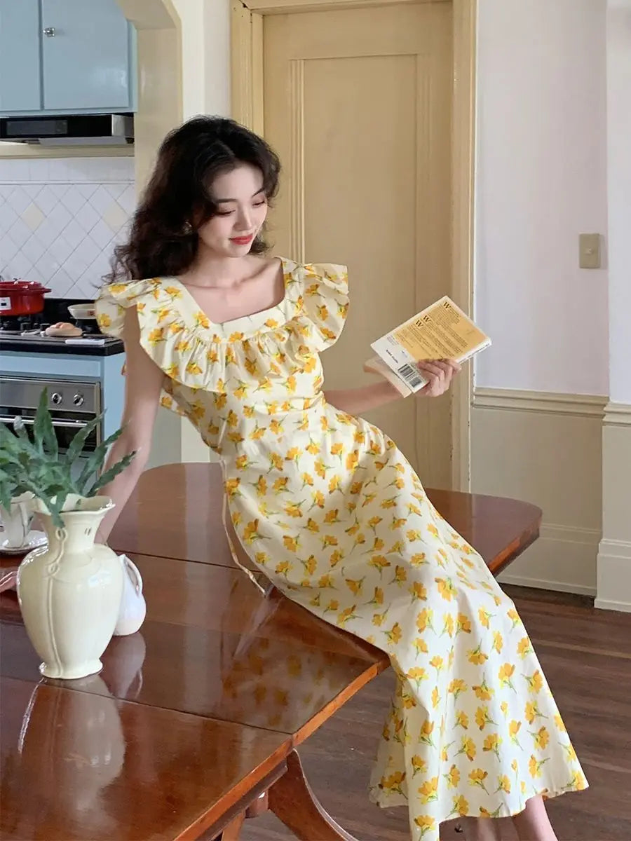 LIZAKOSHT  -  French Floral Dress Female Summer Slim Square Collar Temperament Ruffled Long Skirt