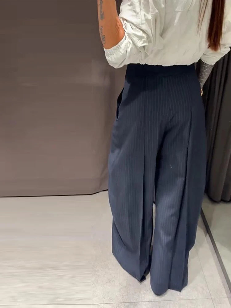 LIZAKOSHT  -  High Waist Striped Wide-Leg Pants For Woman Loose Irregular Floor-Length Trousers Single Bitton Pockets Fashion Casual Clothes