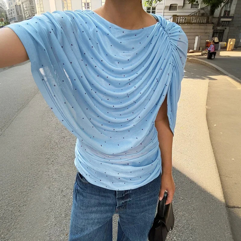 LIZAKOSHT  -  Women's Summer Polka Dot Print Shawl Tops High Street Ladies Fashion Sexy Folds Slim T-shirt Holiday Party Tee Shirts