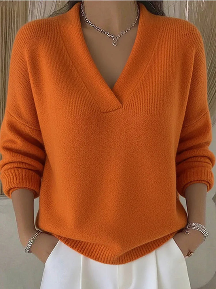 LIZAKOSHT  -  Deep V Neck Knit Sweater Women Long Sleeve Cuff Hem Ribbed Fuzzy Solid Casual Pullover Jumper Autumn Fashion Casual Tops