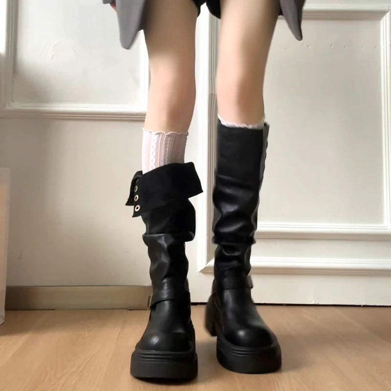 LIZAKOSHT  -  Autumn Winter Platform Thick Bottom Woman Knee High Boots Shoes Ladies Elegant Belt Buckle Knight Booties