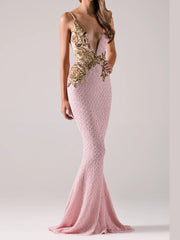 LIZAKOSHT  -  Classic V-Neck Appliquins Floral Sleevless Mermaid Formal Evening Dresses Birthday Party Prom Gowns Customized