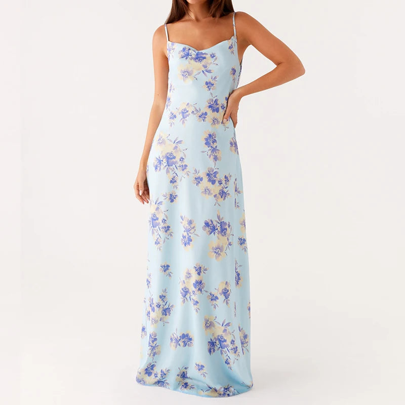 LIZAKOSHT  -  Floral Dress Women Spaghetti Strap Cowl Neck Backless Maxi Dresses Ladies Elegant Formal Long Dress Club Party Night