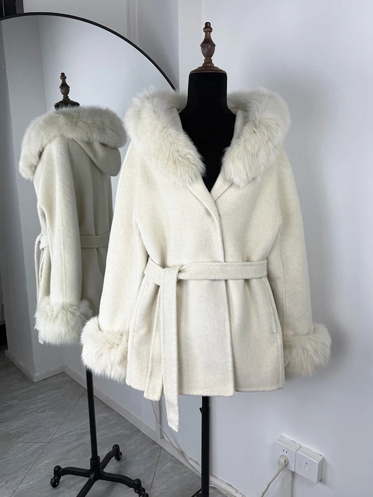 LIZAKOSHT  -  Elegant Lace Up Fur Patchwork Coat Women Loose Solid Long Sleeve V-neck Open Stitch Coats Female Autumn Fashion Jacket