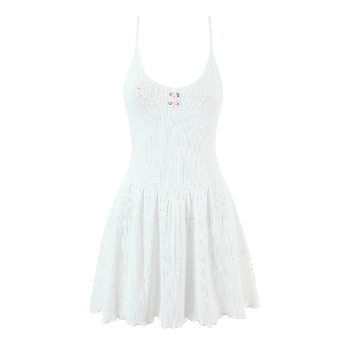 LIZAKOSHT  -  Sexy White Rib Knitted Cotton Low Waist Sling Dress Women Bow V neck Ruched A-lined Swing Short Dresses Summer Vestidos  Robe