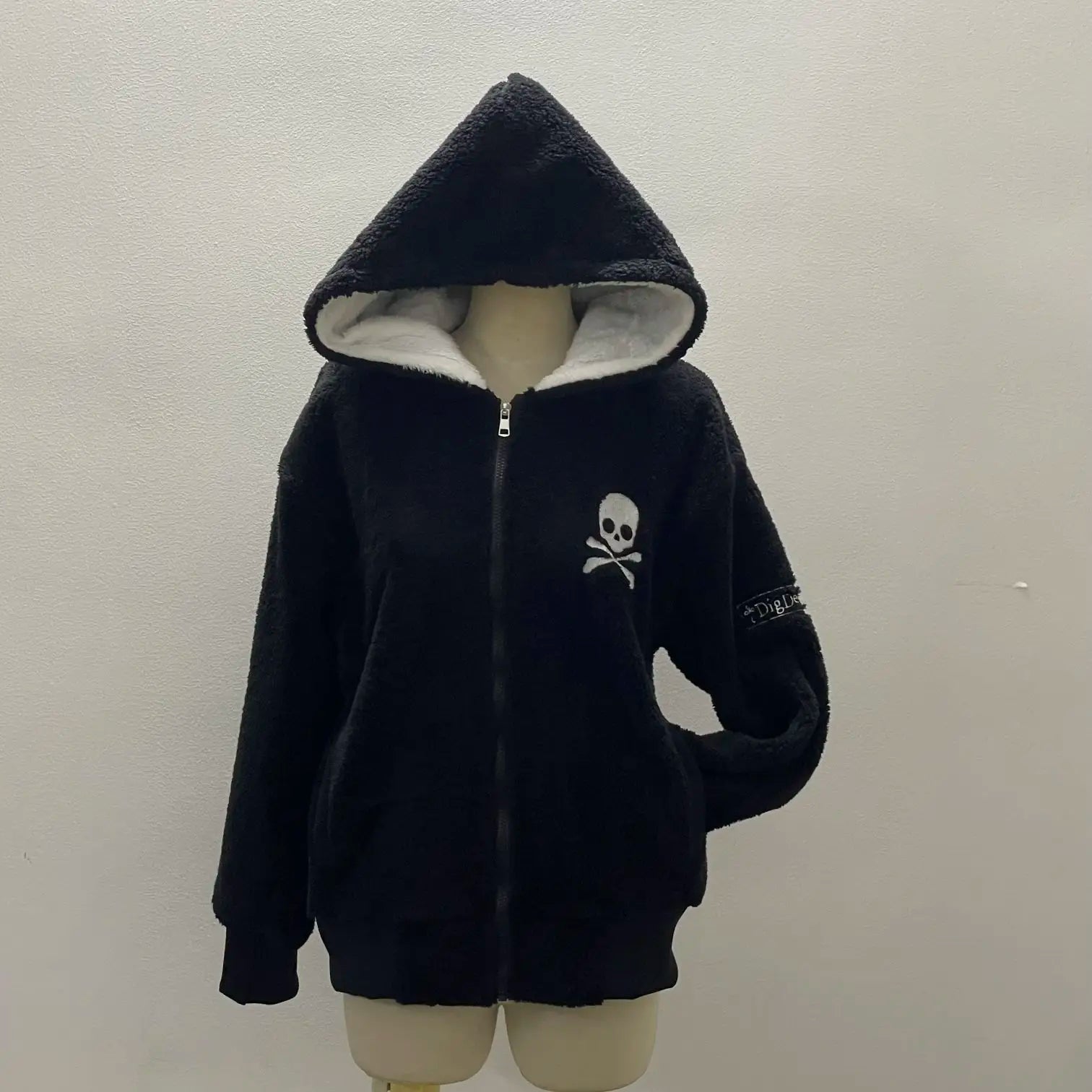 LIZAKOSHT  -  American Vintage Punk Embroidery Cross Autumn Winter Cardigan Hooded Sweatshirt Jacket Fleece Streetwear Black Long Sleeve Coat