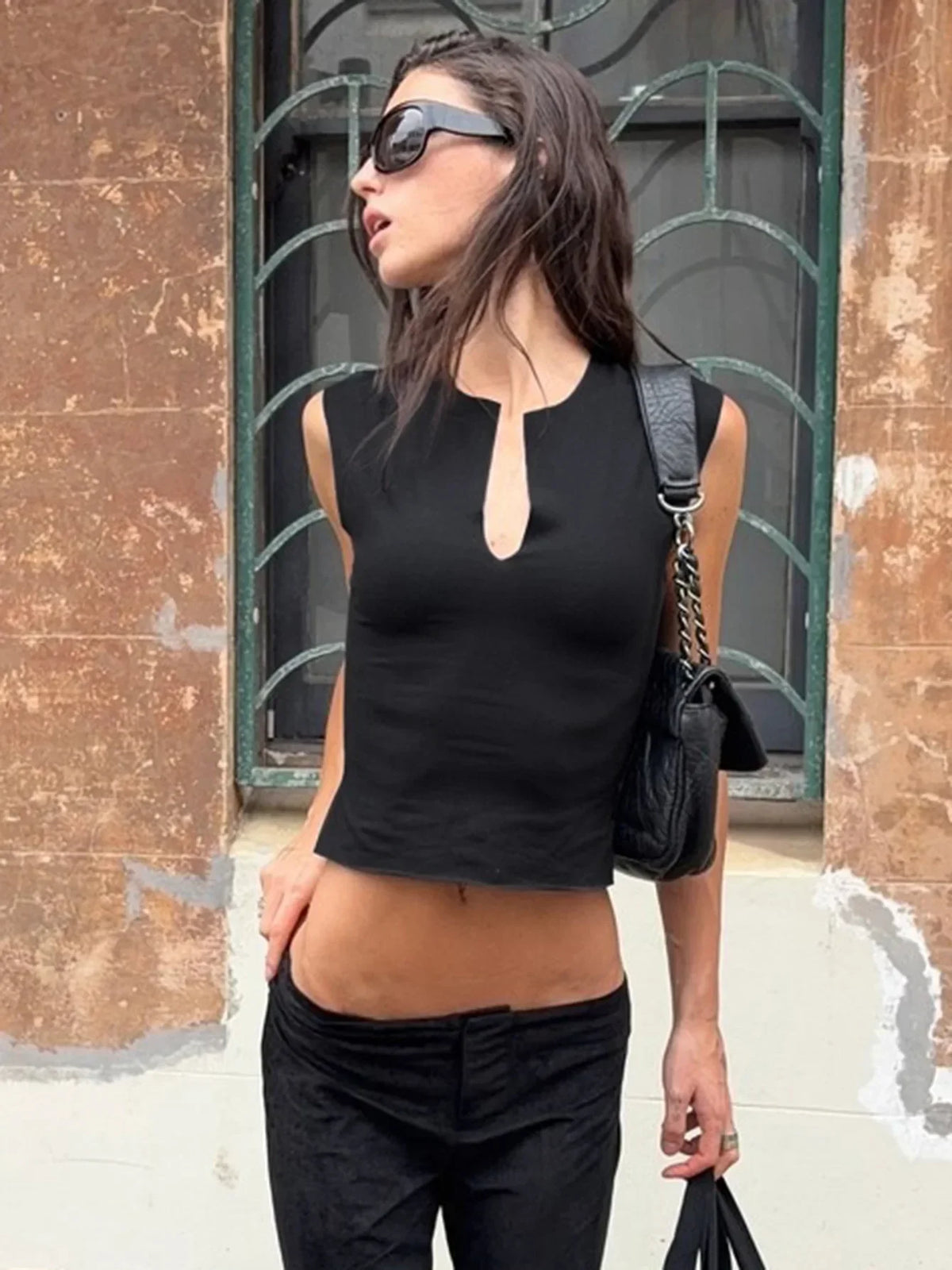LIZAKOSHT  -  Women Fashion Hollow Out V Collar Short Tops Chic Sleeveless Solid Color High Waist Elegant Blouse Lady Commute New Vests