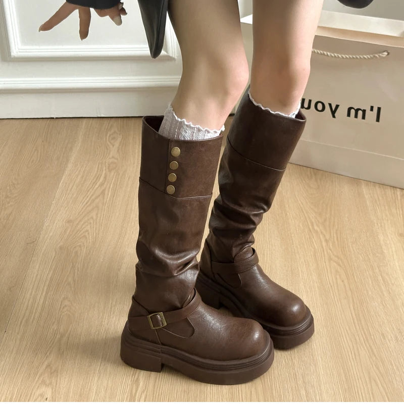 LIZAKOSHT  -  Autumn Winter Platform Thick Bottom Woman Knee High Boots Shoes Ladies Elegant Belt Buckle Knight Booties
