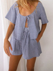 LIZAKOSHT  -  Women Summer Loose Casual 2 Pieces Sets Short Sleeve Plaid Print Split Tie-up T-Shirts Tops Elastic Waist Shorts