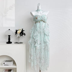 LIZAKOSHT  -  Sweet Lolita Chiffon Midi Dress Women Floral Print Ruffle Layered Halter Strapless Beach Vacation Japanese Fashion Casual Outfit