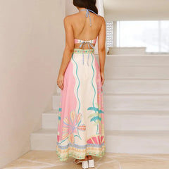 LIZAKOSHT  -  Spring Summer Backless Lace-up Hollow Party Dress Women Sexy Off Shoulder Halter Long Dress New Casual Vacation Beach Boho Dress