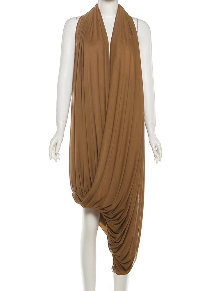 LIZAKOSHT  -  Ruched Halter Maxi Dress Women Sleeveless Backless Irregular Hem Solid Vacation Classic Basis Prom Party Elegant Vestidos