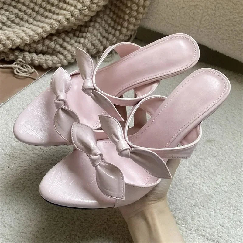 LIZAKOSHT  -  Fashion Women Pink Bow Knot High Heel Mules Open Toe Patent Leather Slip On Sandals Thin Heel Summer Party Dress Shoes
