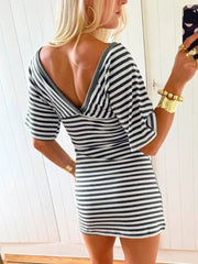 LIZAKOSHT  -  Casual Women Stripe Ruched Mini Dresses Fashion V-neck Puff Short Sleeve Loose Dress Summer Lady Stroll Street Commute Robe