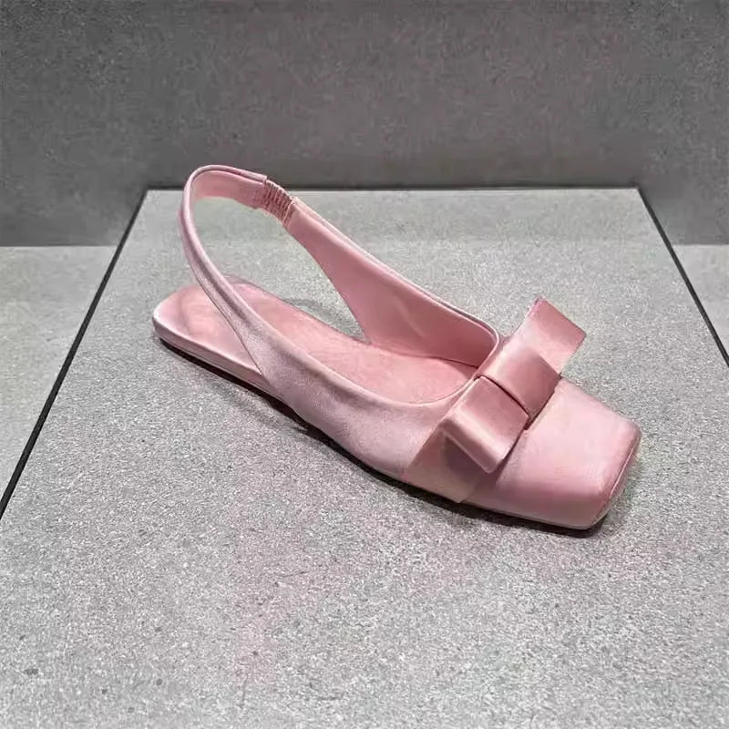 LIZAKOSHT  -  Sweet Pink Silk Flat Sandals Women Big Bowknot Slingback Summer Shoes Elegant Ladies Sandalias Back Strap Lolita Shoes Size 43