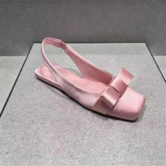 LIZAKOSHT  -  Sweet Pink Silk Flat Sandals Women Big Bowknot Slingback Summer Shoes Elegant Ladies Sandalias Back Strap Lolita Shoes Size 43