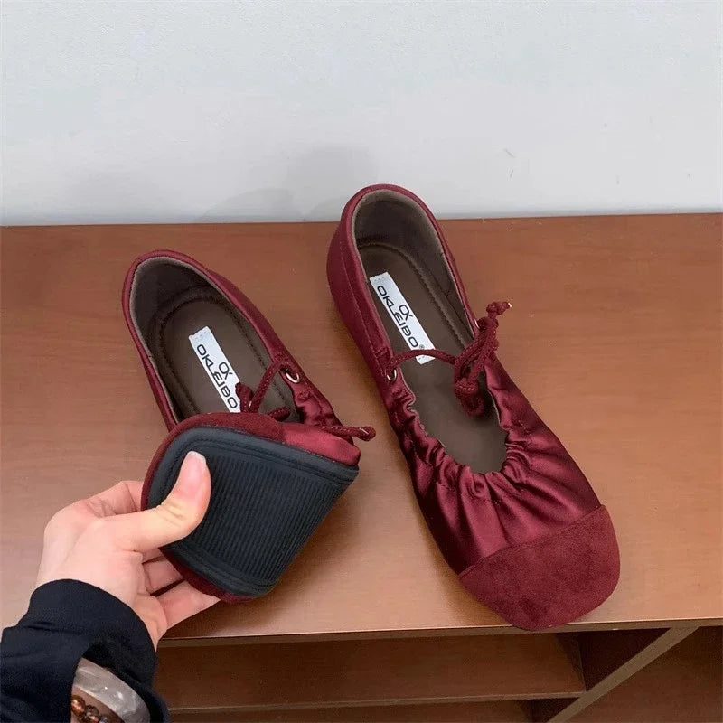 LIZAKOSHT  -  Fashion Ballet Flats Women Round Toe Pleated Satin Casual Shoes Female Shallow Comfort Sweet Design Brand Mary Jane Shoes Women