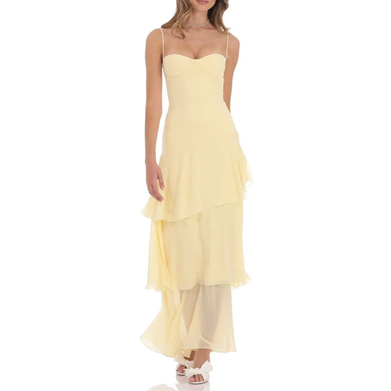 LIZAKOSHT  -  Women's Elegant Solid Long Party Dress Casual Mesh Pleated Banquet Dresses Summer Sexy Sleeveless Backless Low Cut Halter Dress