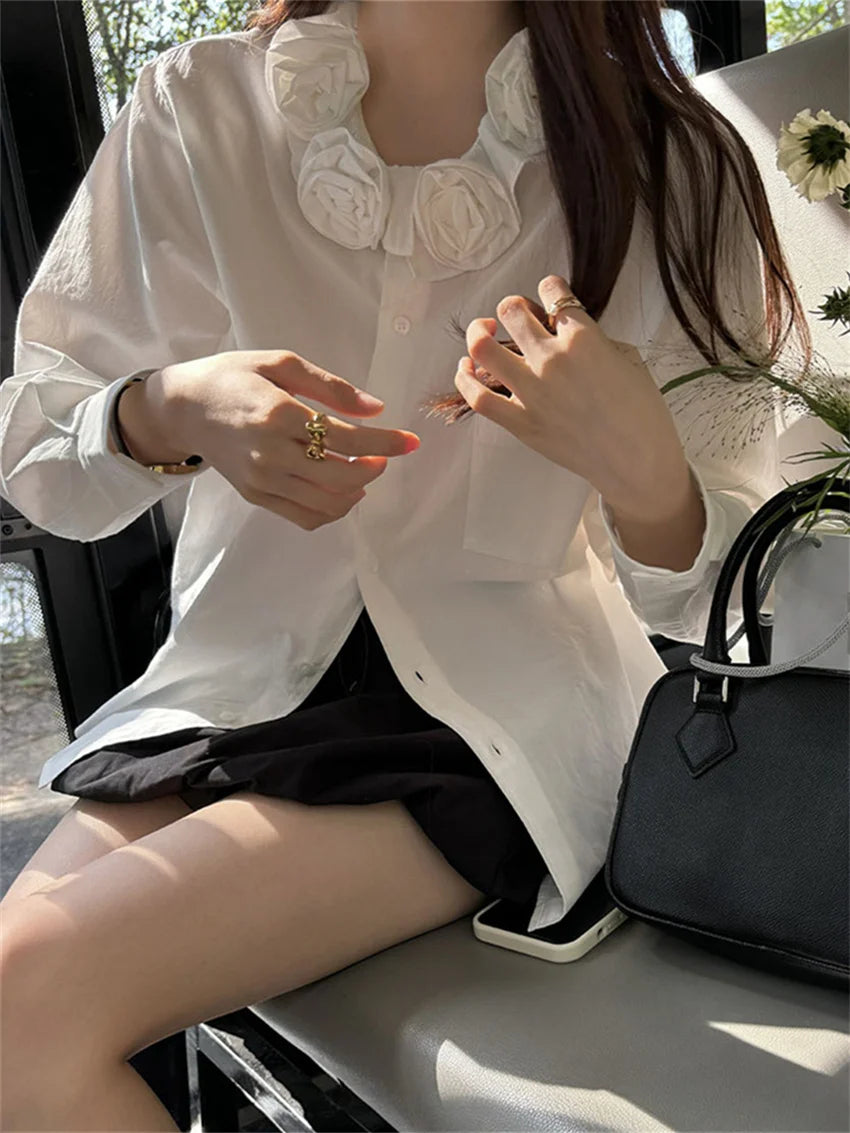 LIZAKOSHT  -  White Shirts Florals Chic Sweet Solid Cotton New Mujer Spring Full Sleeve 2024 Casual Office Lady Work Wear Loose