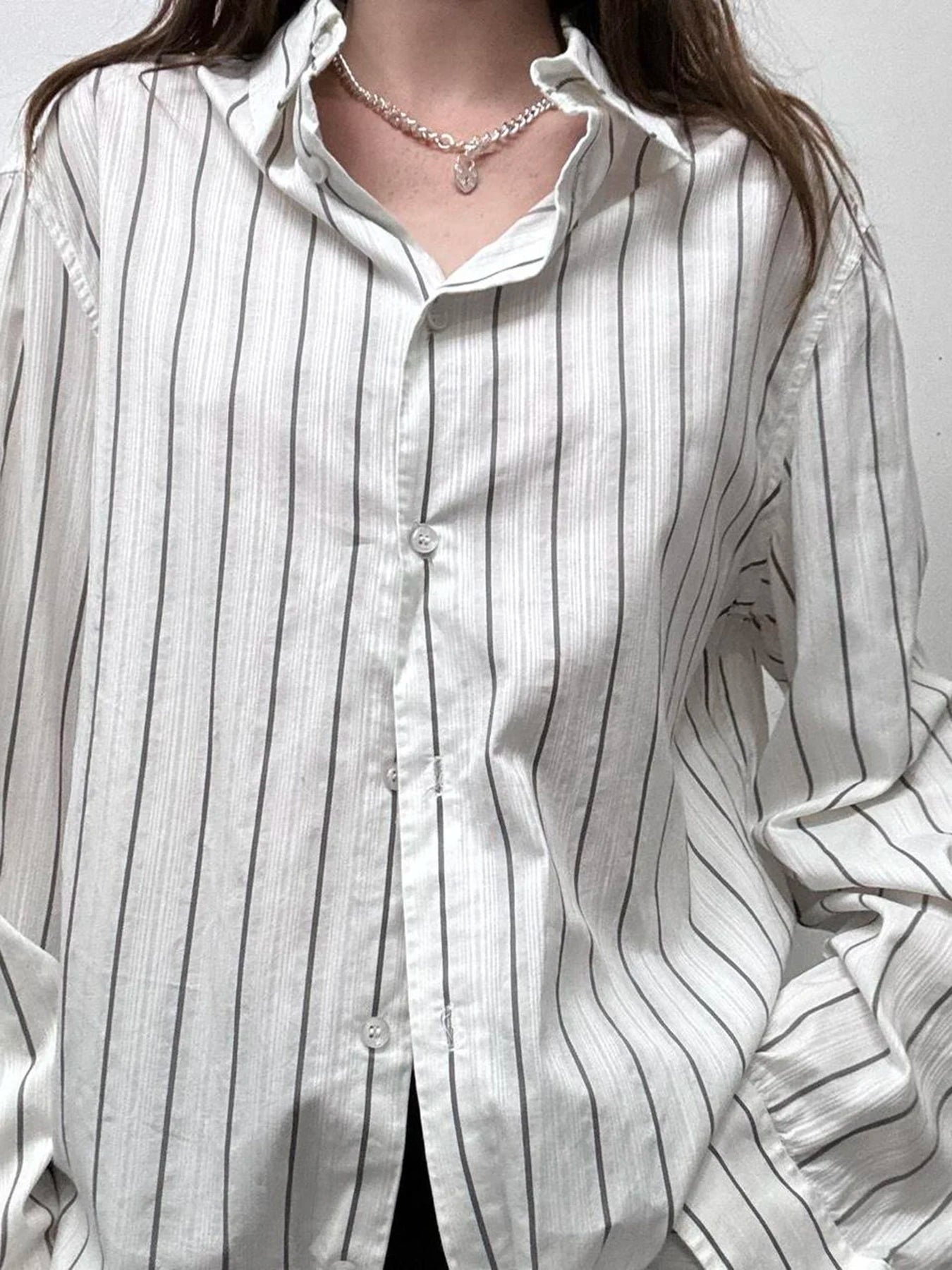 LIZAKOSHT  -  Striped Print Loose Shirt for Women Casual Single-breasted Oversized Blouses Streetwear Fashion Turn-down Neck Top