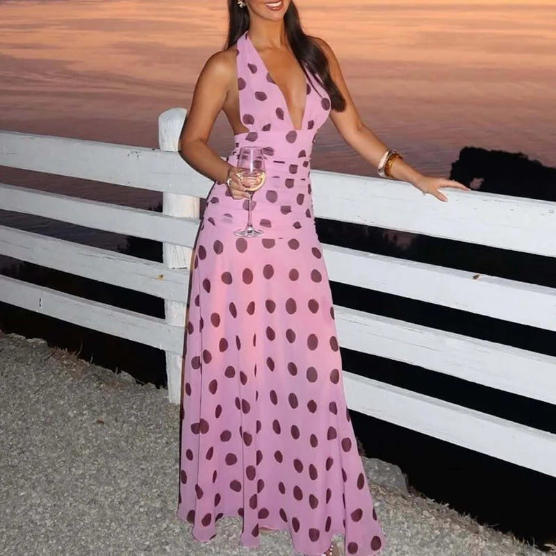 LIZAKOSHT  -  Elegant Polka Dot Backless Pleated Dress Temperament High Waist Sleeveless Dress Sexy Hanging Neck Off Shoulder Club Party Dress