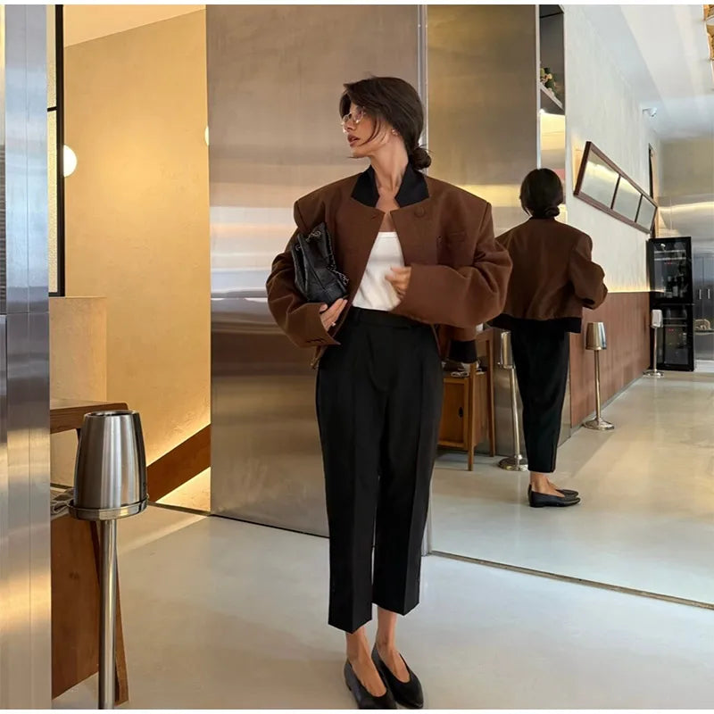 LIZAKOSHT  -  Women Vintage Lapel Neck Jackets Temperament Full Sleeve Pockets Short Jacket 2025 Autumn Lady Chic Daily Commute Outerwear