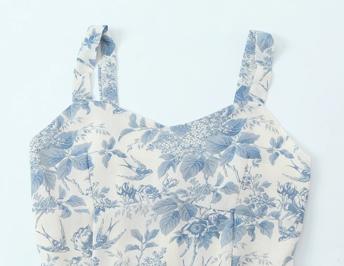 LIZAKOSHT  -  Vintage French Bird Floral Print Tank Dress Women V neck Slim Waist Folds Ruffles Hem Midi Long A-line Swing Dresses Vestidos